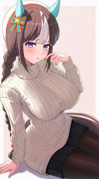 Rule 34 | 1girl, absurdres, alternate costume, animal ears, black pantyhose, black skirt, blush, bow, braid, breasts, brown hair, ear covers, from side, hat, highres, hokko tarumae (umamusume), horse ears, horse girl, large breasts, long braid, long hair, long sleeves, looking at viewer, looking to the side, pantyhose, pleated skirt, purple eyes, revision, ribbed sweater, sailor hat, simple background, skirt, solo, striped bow, striped hair, sweater, take978733141, twin braids, umamusume, white background, white hair, white hat, white sweater