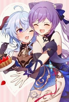 2girls 3sat0 ahoge bare_shoulders bell black_dress black_gloves blue_dress blue_hair breasts cake cleavage closed_eyes cone_hair_bun detached_sleeves double_bun dress food fork ganyu_(genshin_impact) ganyu_(twilight_blossom)_(genshin_impact) genshin_impact gloves gradient_clothes gradient_dress hair_bun hair_ears hair_ornament highres horns keqing_(genshin_impact) keqing_(opulent_splendor)_(genshin_impact) long_hair medium_breasts multiple_girls neck_bell official_alternate_costume official_alternate_hairstyle one_eye_closed pearl_hair_ornament purple_eyes purple_hair see-through_cleavage see-through_clothes sideless_dress smile strapless strapless_dress twintails