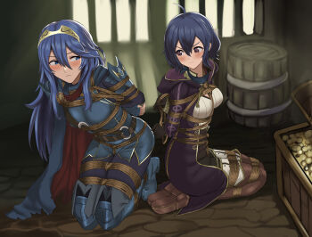 2girls bdsm blue_eyes blue_hair bondage bound breasts captured commission female_morgan_(fire_emblem) fire_emblem fire_emblem_awakening fleeing highres indoors long_hair lucina_(fire_emblem) medium_breasts mother_and_daughter multiple_girls nintendo rope short_hair smoobyrope tiara
