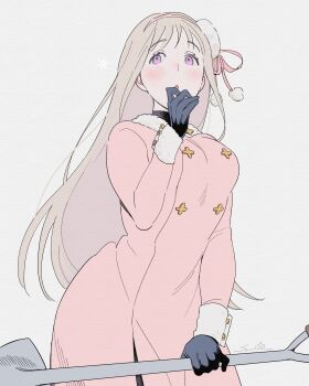1girl absurdres axis_powers_hetalia black_gloves blonde_hair blush breasts buttons colored_inner_hair commentary cowboy_shot dress fur-trimmed_dress fur-trimmed_sleeves fur_hat fur_trim genderswap genderswap_(mtf) gloves hairband hand_on_own_chin hand_up hat highres holding holding_shovel large_breasts long_hair long_sleeves mini_hat multicolored_hair open_mouth pink_dress pink_hairband pink_ribbon pom_pom_(clothes) purple_eyes purple_hair qia_li ribbon russia_(female)_(hetalia) russia_(hetalia) shovel simple_background solo standing symbol-only_commentary white_background white_hat