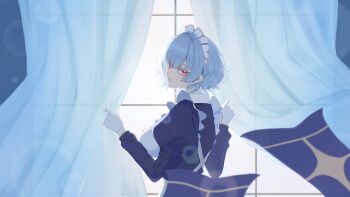 Rule 34 | 1girl, absurdres, apron, black dress, blue hair, curtain grab, curtains, dress, gloves, hashtag-only commentary, highres, indoors, looking back, lucie moorcroft, maid, maid headdress, muv-luv, muv-luv girls garden, orange eyes, short hair, solo, t0 kumei, white apron, white gloves, window