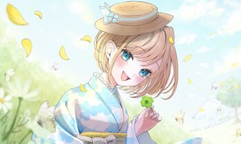 39m27 absurdres blonde_hair blue_eyes blue_sky blurry blurry_background blurry_foreground bright_background cloud clover commentary_request depth_of_field falling_petals floral_print floral_print_kimono four-leaf_clover hat highres indie_virtual_youtuber japanese_clothes kimono looking_at_viewer open_mouth outdoors petals print_kimono sash short_hair sky smile upper_body virtual_youtuber white_kimono yellow_hat yellow_petals yellow_sash yotsuha_hirona_(vtuber)