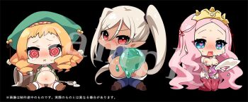 Rule 34 | 1futa, 2girls, all fours, ass, blush, breasts, chibi, cloe (kuroinu), cum, dark elf, dark skin, elf, embarrassed, full body, futanari, halfling, huge ass, japanese text, kuroinu ~kedakaki seijo wa hakudaku ni somaru~, large breasts, liquid (company), long hair, moaning, multiple girls, official art, pink hair, pointy ears, prim fiorire, red eyes, ruu ruu, sample watermark, shiny skin, side ponytail, slave, slime, slime (substance), small breasts, stomach bulge, sweat, tears, very long hair, watermark