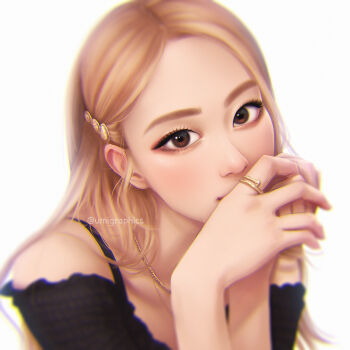 1girl blackpink blonde_hair brown_eyes chromatic_aberration gold_ring highres jewelry k-pop long_hair looking_at_viewer necklace rose_(blackpink) solo umigraphics upper_body white_background