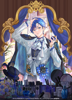 1boy artist_name ascot black_hat black_shirt blue_eyes blue_hair bottle bow bowtie cape character_name cologne copyright_logo copyright_name dress_shirt earrings flower hand_on_own_head hat highres hitokoto jacket jewelry kaito_(vocaloid) logo long_sleeves looking_at_self mirror pants perfume_bottle piapro_studio reflection shirt snake_earrings solo spraying swept_bangs vocaloid white_jacket