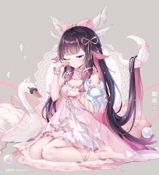 1girl absurdres alternate_costume bare_shoulders bird black_hair closed_mouth colored_inner_hair columbina_(genshin_impact) detached_sleeves eye_mask full_body genshin_impact grey_background guzangnanfeng hair_ribbon hand_up highres long_hair mask multicolored_hair one_eye_closed pink_hair puffy_short_sleeves puffy_sleeves purple_eyes ribbon seiza short_sleeves simple_background sitting sleepy solo swan two-tone_hair very_long_hair