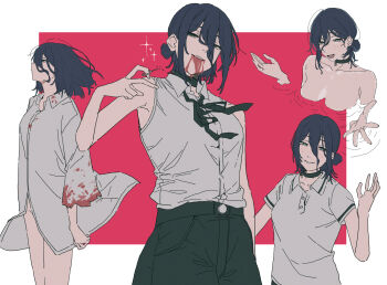 1girl black_choker black_hair black_ribbon black_shorts blood blood_from_mouth blood_on_clothes breasts chainsaw_man choker full_burrrrrrst green_eyes grenade_pin grey_shirt hair_bun highres medium_breasts multiple_views neck_ribbon partially_submerged polo_shirt reze_(chainsaw_man) ribbon shirt shorts sleeveless sleeveless_shirt