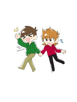 Rule 34 | > <, 2boys, :d, :o, ^^^, animification, antenna hair, arm up, black pants, blush, brown eyes, brown hair, brown pants, clenched hand, commentary request, deformed, drawstring, edd (eddsworld), eddsworld, english text, fewer digits, flipped hair, flying sweatdrops, green hoodie, hair behind ear, hair ears, highres, holding hands, hood, hood down, hoodie, long sleeves, male focus, multiple boys, open mouth, pants, red hoodie, roshii (ionlw0gynh24926), short hair, simple background, smile, surprised, swept bangs, tord (eddsworld), walking, white background, wide-eyed