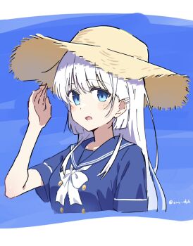 1girl aqua_eyes blue_background blush character_request copyright_request emu_shido hat highres looking_at_viewer ribbon school_uniform simple_background solo straw_hat white_hair