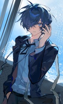 Rule 34 | 1boy, absurdres, bag, belt, black bag, black belt, black jacket, black ribbon, blue eyes, blue hair, blue sky, chinese commentary, chunjinran000, collared shirt, commentary request, cowboy shot, day, gekkoukan high school uniform, hair over one eye, hand on headphones, headphones, highres, indoors, jacket, lapels, long sleeves, looking at viewer, male focus, neck ribbon, notched lapels, open clothes, open jacket, persona, persona 3, ribbon, sanpaku, school bag, school uniform, shirt, shoulder bag, sky, solo, white shirt, window, yuuki makoto (persona 3)