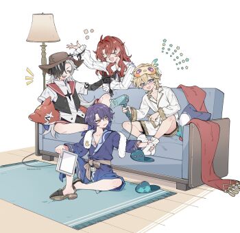 4boys :d aged_down ahoge annoyed aqua_slippers argenti_(honkai:_star_rail) aventurine_(honkai:_star_rail) black_hair black_vest blue_eyes blue_robe book boothill_(honkai:_star_rail) carpet closed_eyes commentary costume_request couch cowboy_hat diamond-shaped_pupils diamond_(shape) dr._ratio_(honkai:_star_rail) full_body grey_hair hair_dryer hashtag-only_commentary hat highres holding holding_book holding_hair_dryer honkai:_star_rail honkai_(series) kakavasha_(honkai:_star_rail) lamp laughing long_hair looking_at_another looking_at_viewer male_focus medium_hair multicolored_eyes multicolored_hair multiple_boys notice_lines official_alternate_costume on_couch open_clothes open_mouth open_vest parted_bangs plusone_0722 pointing pointing_at_another purple_eyes red_hair robe sharp_teeth shirt short_hair short_shorts shorts sitting sleep_mask slippers smile socks stuffed_animal stuffed_shark stuffed_toy symbol-only_commentary symbol-shaped_pupils teasing teeth twitter_username two-tone_eyes two-tone_hair vest white_background white_shirt white_shorts white_socks
