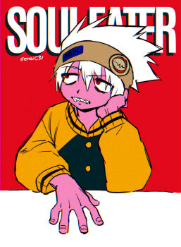 1boy copyright_name fingernails hair_between_eyes hand_on_own_cheek hand_on_own_face highres jacket long_sleeves male_focus menma_(enaic31) open_mouth red_eyes sharp_fingernails short_hair sketch solo soul_eater soul_evans white_hair yellow_jacket