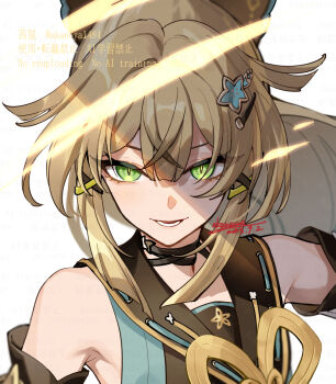 1girl artist_name bare_shoulders black_choker black_shirt brown_hair choker commentary_request dated detached_sleeves double-parted_bangs eyelashes floating_hair genshin_impact green_eyes hair_between_eyes hair_intakes hair_ornament hairclip high_ponytail highres japanese_clothes kirara_(genshin_impact) long_hair looking_at_viewer lower_teeth_only multicolored_hair ojo_aa open_mouth ponytail shirt sidelocks signature simple_background sleeveless sleeveless_shirt smile solo streaked_hair teeth twitter_username upper_body watermark white_background x_hair_ornament