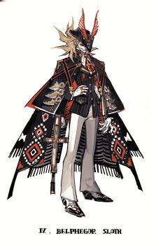 1boy black_cloak black_hat black_jacket cloak colored_skin cross eyeshadow full_body grin hand_on_own_hip hat hat_feather highres inverted_cross jacket latin_cross looking_at_viewer makeup male_focus monster original pants pigeon666 red_eyes seven_deadly_sins simple_background smile solo standing tricorne white_background white_pants white_skin