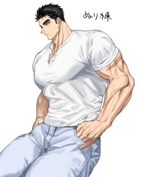 Rule 34 | 1boy, bara, black hair, blue eyes, blue pants, bodybuilder, denim, domo (domo kizusuki), hands in pockets, highres, jeans, kokado shido (domo), large pectorals, looking to the side, male focus, manly, muscular, muscular arms, muscular male, original, pants, pectoral cleavage, pectorals, scar, scar on arm, shirt, short hair, shredded muscles, sideburns, simple background, smile, tareme, v-neck, v-taper, veins, veiny arms, veiny crotch, white background, white shirt