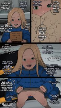 1girl absurdres android bad_tag belly blonde_hair blue_coat blue_eyes blush book bottomless breasts coat curious diana_(pragmata) english_text g_reaper highres large_breasts loli looking_at_viewer machine nipples pragmata pregnant pussy robot smile solo standing thighs
