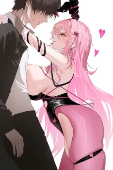 1boy 1girl animal_ear_hairband animal_ears arms_around_neck black_hairband black_leotard blush breast_press breasts character_name commander_(nikke) commentary_request crotchless crotchless_pantyhose earrings fake_animal_ears fake_tail from_side goddess_of_victory:_nikke hairband heart heart_o-ring hetero highres hiphighs hug huge_breasts jewelry leotard long_hair looking_at_another mole mole_under_eye name_tag_hair_ornament o-ring o-ring_thigh_strap pantyhose pink_hiphighs pink_pantyhose playboy_bunny rabbit_ear_hairband rabbit_ears rabbit_tail richii shibari shibari_over_clothes sideboob simple_background standing strapless strapless_leotard tail thigh_strap undersized_breast_cup velvet_(nikke) velvet_(sensual_rabbit)_(nikke) white_background