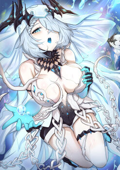 1girl bare_shoulders black_shorts blue_eyes blue_hands blue_tongue blush breasts cleavage colored_extremities colored_tongue commentary dress duet_night_abyss grey_hair hair_between_eyes highres large_breasts looking_at_viewer open_mouth rebecca_(duet_night_abyss) saliva short_hair shorts sidelocks skindentation sleeveless sleeveless_dress solo teeth thigh_strap upper_teeth_only veil water_drop wet white_dress white_veil yougenko