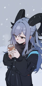 1girl arknights bang_dream! bang_dream!_it's_mygo!!!!! black_jacket black_ribbon breath brown_eyes can curled_horns demon_horns drink_can grey_hair hair_ribbon highres holding holding_can horns jacket long_hair long_sleeves looking_down minamit puffy_long_sleeves puffy_sleeves ribbon sidelocks snowing solo togawa_sakiko togawa_sakiko_(sarkaz) upper_body