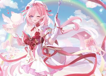 1girl ;o absurdres beret breasts cleavage commentary_request diamond-shaped_pupils diamond_(shape) dress elf elysia_(hi_love_elf)_(honkai_impact) elysia_(honkai_impact) gloves hat heart_ribbon highres holding_ribbon_baton honkai_(series) honkai_impact_3rd large_breasts little_messenger_(honkai_impact) long_hair looking_at_viewer multicolored_hair one_eye_closed pink_hair pointy_ears purple_eyes red_dress revision single_glove solo symbol-shaped_pupils tdatnst two-tone_hair very_long_hair white_dress white_gloves white_hair