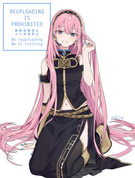 1girl artist_name bare_shoulders black_shirt black_skirt black_thighhighs blue_eyes blue_nails blush boots breasts brown_boots commentary ctd_114 full_body grin hair_between_eyes hand_up headphones highres long_hair long_skirt looking_at_viewer medium_breasts megurine_luka nail_polish navel pink_hair seiza shirt simple_background sitting skirt sleeveless sleeveless_shirt smile solo thighhighs very_long_hair vocaloid watermark white_background