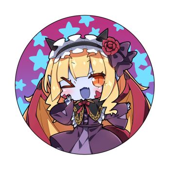 1girl ;d black_hairband blonde_hair blush bow bowtie character_request chibi chibi_only colored_skin commentary_request copyright_request cowboy_shot dress hairband hand_up horns long_hair long_sleeves looking_at_viewer milkpanda one_eye_closed open_mouth orange_eyes purple_dress red_bow red_bowtie smile solo v