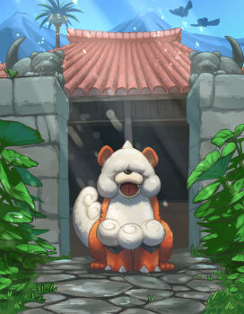 alolan_exeggutor alolan_form animal_ears bird blue_sky claws cobblestone covered_eyes day dog fangs fluffy gen_1_pokemon gen_3_pokemon gen_7_pokemon hisuian_growlithe light_rays mountainous_horizon nintendo no_humans open_mouth path pelipper pokemon pokemon_(creature) pokemon_focus road sitting sky slowpoke tail tongue yumo80295386