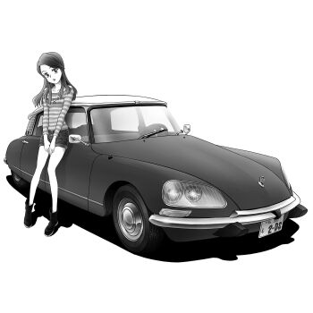 Rule 34 | 1girl, boots, car, citroen, citroen ds, clothes writing, commentary request, greyscale, highres, kazuka tokio, leaning against vehicle, leaning back, license plate, lipstick, long hair, looking at viewer, makeup, monochrome, motor vehicle, open mouth, original, shirt, short shorts, shorts, simple background, solo, standing, striped clothes, striped shirt, vehicle focus, white background