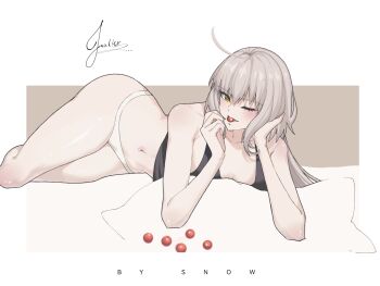 1girl ahoge alternate_breast_size_(smaller) black_tank_top breasts cleavage commentary english_commentary fate/grand_order fate_(series) food fruit grey_hair highres holding holding_food holding_fruit jeanne_d'arc_alter_(fate) lying navel on_side panties pillow small_breasts solo suhyeon tank_top underwear white_panties yellow_eyes