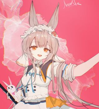 1girl animal_ears arknights brown_hair dress frilled_hairband frills grey_hair hairband highres long_hair long_sleeves looking_at_viewer menthe open_mouth orange_eyes rabbit_ears rabbit_girl ribbon shirt smile solo warmy_(arknights)