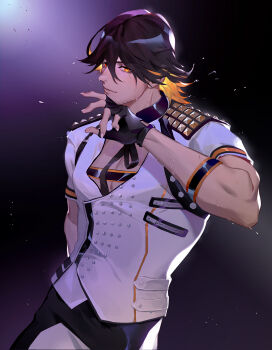 1boy black_gloves black_hair closed_mouth commentary_request cowboy_shot fingerless_gloves gloves hair_between_eyes highres jacket looking_at_viewer male_focus nagasone_kotetsu ncww_rinichi orange_eyes pectoral_cleavage pectorals short_hair short_sleeves solo studded_jacket sweat touken_ranbu