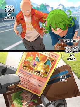 1boy 1girl 2koma alternate_costume bald banana_print blurry blurry_background blush bottle breasts breasts_out card_(medium) charizard comic convenient_censoring cyborg day drunk english_text fruit_print gen_1_pokemon genos green_eyes green_hair hawaiian_shirt japanese_clothes khyle. kimono nintendo one-punch_man photo_(object) pokemon pokemon_tcg pov robotic_hands saitama_(one-punch_man) shirt shorts speech_bubble tatsumaki wallet