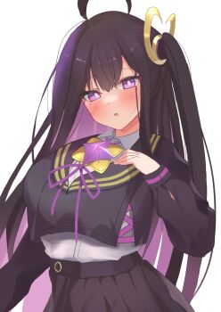 1girl ahoge black_sailor_collar black_shirt black_skirt blush breasts chitose_(stella_sora) highres large_breasts layered_shirt looking_at_viewer open_mouth pleated_skirt purple_eyes purple_hair sailor_collar shirt side_ponytail skirt solo stella_sora white_shirt zum_rock