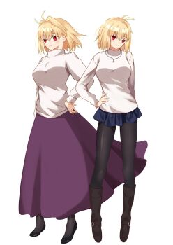 2girls ahoge arcueid_brunestud black_pantyhose blonde_hair blue_skirt boots brown_boots dual_persona hair_between_eyes hair_intakes hand_on_own_hip highres jewelry looking_at_viewer multiple_girls necklace official_alternate_costume pantyhose purple_skirt red_eyes short_hair skirt smile sweater taketsuki_217 tsukihime tsukihime_(remake) turtleneck turtleneck_sweater wavy_hair white_sweater