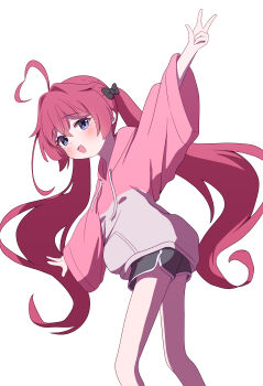 Rule 34 | 1girl, absurdres, ahoge, arm up, baggy clothes, bare legs, black bow, black shorts, blush, bow, casual, commentary, crossed bangs, double-parted bangs, drawstring, feet out of frame, hair between eyes, hair bow, heart, heart ahoge, highres, hood, hood down, hoodie, long hair, long sleeves, looking at viewer, nyan (float 495), open mouth, original, pink hair, pink hoodie, purple eyes, short shorts, shorts, simple background, smile, solo, standing, twintails, very long hair, w, white background, white trim, wide sleeves