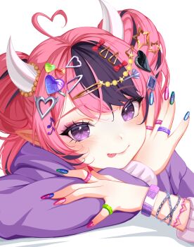 1girl ahoge bow bracelet commentary decora demon_girl demon_horns double_bun fortissimo hair_bow hair_bun hair_ornament heart heart_ahoge heart_hair_ornament highres horns indie_virtual_youtuber ironmouse jewelry looking_at_viewer making-of_available multicolored_hair multicolored_nails musical_note musical_note_hair_ornament nail_polish pink_hair purple_eyes purple_hair purple_streaks purple_sweater ring sansha_art star_(symbol) star_hair_ornament streaked_hair sweater tongue tongue_out virtual_youtuber white_background white_horns