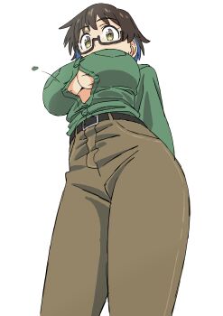 1girl absurdres belt black-framed_eyewear black_belt blue_hair breasts brown_eyes brown_hair brown_pants button_gap commentary_request flying_button from_below glasses green_shirt highres imari_youko large_breasts mugi0913 multicolored_hair pants popped_button ruri_no_houseki semi-rimless_eyewear shirt short_hair solo two-tone_hair under-rim_eyewear white_background