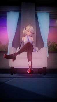 1girl 3d 4beraser absurdres black_pantyhose blonde_hair blue_eyes blue_neckwear braid breasts bush capelet chair colorado_(kancolle) commentary_request curtains dress elbow_gloves garrison_cap gloves grey_dress grey_headwear hat headgear high_heels highres kantai_collection large_breasts necktie pantyhose pleated_dress red_sky shirt short_hair side_braids sideboob sky sleeveless smile white_shirt window