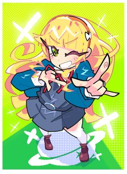 absurdres blonde_hair blunt_bangs blush bourbunbun commentary dress green_eyes hairband halftone heanna_sumire highres jacket liella!_first_generation long_hair love_live! love_live!_superstar!! ribbon school_uniform shirt smile white_shirt yuigaoka_school_uniform