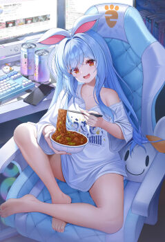 1girl :d absurdres animal_ears barefoot blue_hair bowl can cellphone chair chopsticks commentary computer_keyboard food full_body gaming_chair highres holding holding_bowl holding_chopsticks hololive indoors long_hair looking_at_viewer misoile monitor no_pants noodles open_mouth orange_eyes oversized_clothes oversized_shirt pekomon_(usada_pekora) phone rabbit-shaped_pupils rabbit_ears rabbit_girl shirt short_eyebrows sidelocks single_off_shoulder sitting smartphone smile solo swept_bangs swivel_chair symbol-shaped_pupils teeth thick_eyebrows toes upper_teeth_only usada_pekora very_long_hair virtual_youtuber white_shirt