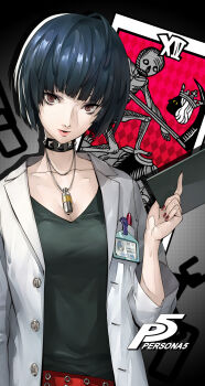 1girl black_hair black_shirt breasts brown_eyes buttons card chain cleavage collar death_(tarot) highres id_card jewelry lab_coat medium_breasts nail_polish necklace official_art pen persona persona_5 red_nails shirt short_hair soejima_shigenori solo studded_collar takemi_tae tarot tarot_card v-neck