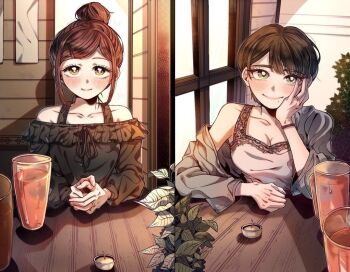 2girls alternate_costume alternate_hair_length alternate_hairstyle artist_request bare_shoulders black_hair blush breasts brown_eyes candle chabashira_tenko check_artist cleavage closed_mouth collarbone commentary danganronpa_(series) danganronpa_v3:_killing_harmony dating drink english_commentary eyelashes fingernails glass green_eyes hand_on_own_face head_rest ithwon jacket jewelry leaf long_sleeves mole mole_under_mouth multiple_girls open_clothes open_jacket own_hands_together red_hair ring short_hair single_bare_shoulder single_off_shoulder smile split_mouth table third-party_source very_short_hair wooden_table yumeno_himiko yuri