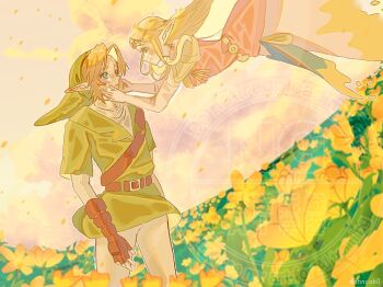 1boy 1girl annco60 armor belt belt_buckle blue_eyes breasts brown_belt brown_gloves buckle commentary_request cow dress earrings elbow_gloves field fingerless_gloves floating flower flower_field gloves green_hat green_tunic hands_on_another's_cheeks hands_on_another's_face hat jewelry light_blush link long_dress long_hair looking_at_another meadow medium_breasts nintendo outdoors pants parted_bangs parted_lips phrygian_cap pink_dress pink_gloves pointy_ears princess_zelda shirt short_hair shoulder_armor sidelocks smile tears the_legend_of_zelda the_legend_of_zelda:_ocarina_of_time triforce tunic white_pants white_shirt wiping_tears yellow_flower