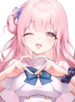 1girl ;d absurdres black_scrunchie blue_archive blue_bow blush bow breasts capelet commentary cross dress fingernails flower hair_bun hair_flower hair_ornament hair_ribbon halo highres large_breasts lie_07 looking_at_viewer mika_(blue_archive) one_eye_closed open_mouth pink_hair pink_halo print_scrunchie purple_flower ribbon scrunchie simple_background single_side_bun smile solo starry_sky_print white_background white_capelet white_dress white_ribbon wrist_scrunchie yellow_eyes