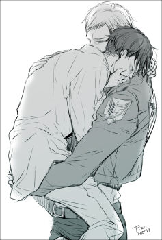 2boys arm_around_neck belt belt_buckle blush buckle carrying carrying_person closed_mouth commentary_request covering_own_mouth crying erwin_smith hand_on_another&#039;s_back hand_over_own_mouth highres holding jacket levi_(shingeki_no_kyojin) long_sleeves looking_down male_focus military_uniform multiple_boys pants paradis_military_uniform parted_bangs ringtomato shingeki_no_kyojin shirt simple_background tears vomit white_background yaoi