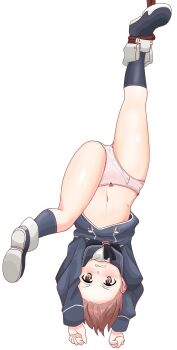 1girl absurdres black_neckerchief black_sailor_collar black_shoes black_socks blush bound bow bow_panties brown_eyes brown_hair commentary_request dress embarrassed highres kantai_collection kirisame0729 loli long_sleeves navel neckerchief panties pink_panties sailor_collar sailor_dress shoes simple_background socks solo underwear upside-down white_background z1_leberecht_maass_(kancolle) z3_max_schultz_(kancolle)