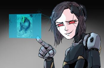 1girl android banana commentary english_commentary food fruit gradient_background grey_background grin hand_up holographic_monitor joints looking_at_viewer mechanical_arms metal_skin monkey original pale_skin parted_lips pit_of_squids pointing pointing_at_viewer red_eyes robot_girl robot_joints short_hair simple_background smile solo