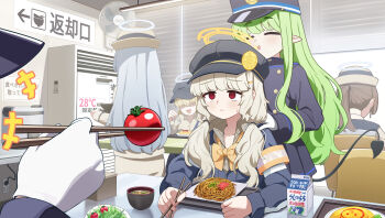6+girls :o absurdres aoba_(blue_archive) arm_rest armband behind_another black_hat black_jacket black_skirt blank_eyes blonde_hair blue_archive bow bowl bowtie brown_hair brown_shirt buttons cable cafeteria ceiling_light chair cherry_tomato chopsticks closed_eyes collared_shirt demon_tail double-breasted drink_carton electric_fan electrical_outlet faceless faceless_female food food_writing from_behind frown furrowed_brow garados_(limmjiiiminnn99) gloves green_hair grey_hair hair_ornament hair_over_shoulder hairclip halo hand_up hands_on_another's_shoulders hanging_light hat highlander_railway_academy_student_(hg)_(blue_archive) highlander_railway_academy_student_(mg)_(blue_archive) highlander_railway_academy_student_(sg)_(blue_archive) highres hikari_(blue_archive) holding holding_chopsticks holding_spoon holding_with_chopsticks indoors jacket ketchup light_blush long_hair long_sidelocks long_sleeves looking_at_another loose_bowtie low_twintails milk_carton miso_soup multiple_girls newsboy_cap nozomi_(blue_archive) omelet omurice open_mouth peaked_cap plate pointy_ears ponytail red_eyes rice_cooker salad shirt siblings sidelocks sign sisters sitting skirt small_sweatdrop spoon standing table tail tomato train_conductor tray twins twintails unamused very_long_hair white_gloves white_halo window_blinds yakisoba yellow_armband yellow_bow yellow_bowtie yellow_halo