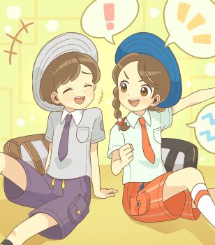 ! +++ 1boy 1girl :d absurdres arm_support backpack bag blue_hat braid breast_pocket brown_bag brown_eyes collared_shirt commentary_request eyelashes florian_(pokemon) grey_hat grey_shirt happy hat highres juliana_(pokemon) necktie nintendo open_mouth orange_necktie orange_shorts pocket pokemon pokemon_sv purple_necktie purple_shorts school_uniform shirt short_sleeves shorts sitting smile socks spoken_exclamation_mark suzuran_moi teeth tongue unworn_backpack unworn_bag upper_teeth_only white_shirt white_socks