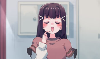 1girl black_jacket blunt_bangs blurry blurry_background blush breasts closed_eyes commentary cream_(nipakupa) facing_viewer finger_to_mouth jacket kurosawa_dia layered_sleeves long_hair long_sleeves love_live! love_live!_sunshine!! medium_breasts mole mole_under_mouth open_mouth red_shirt shirt short_over_long_sleeves short_sleeves sidelocks smile solo u_u white_shirt